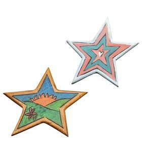 Vintage Hand-Painted Wooden Star Brooch Pin Set